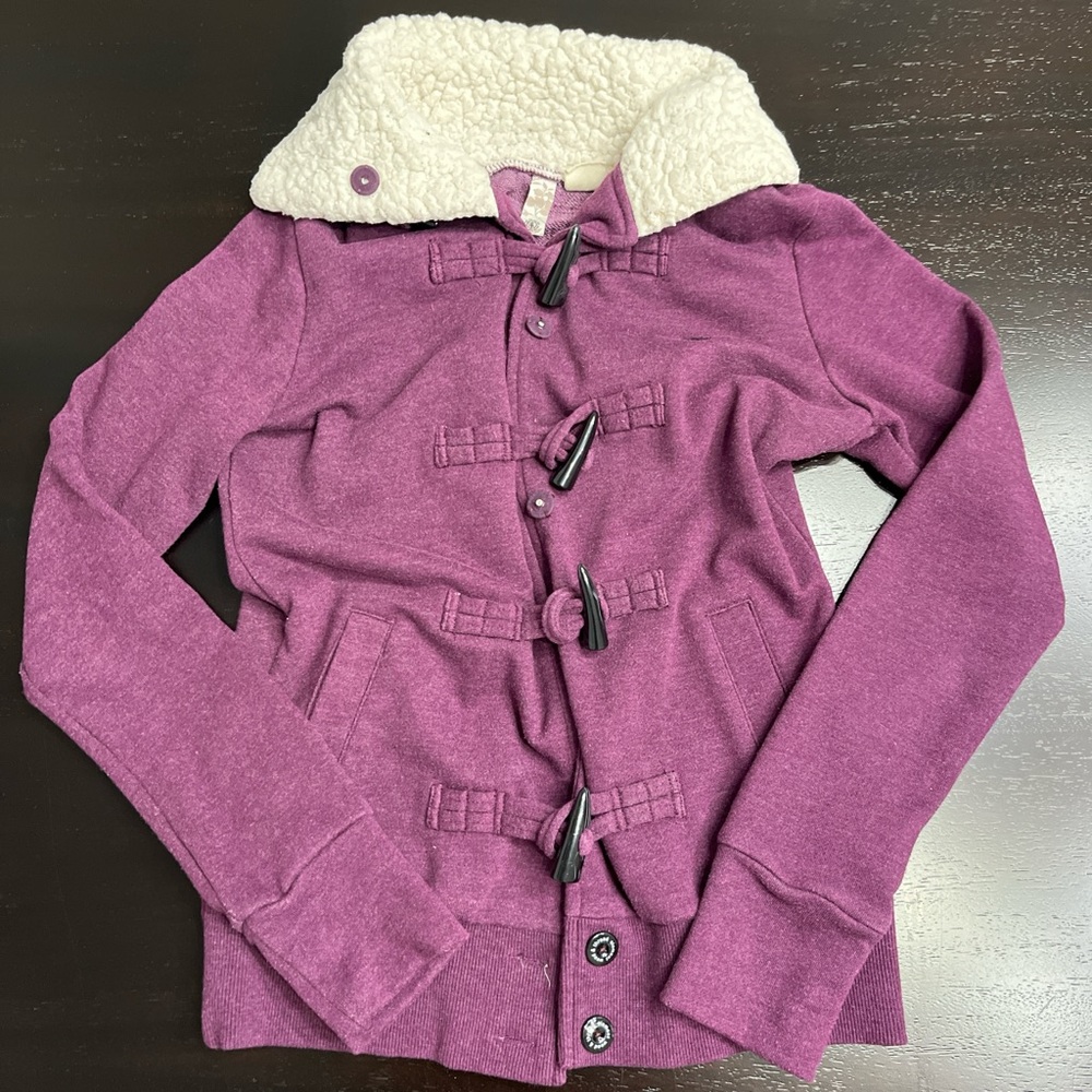 Element wool & thread purple duffle coat w/ sherpa collar